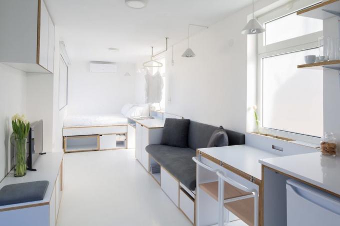 Appartement transformateur 15 m² avec cuisine, salon et chambre à coucher