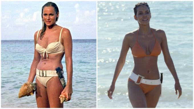 Bond girl en bikini Ursula Anders (1962) et Halle Berry (2002).