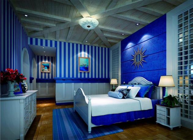 Photo d'une chambre avec une teinte bleue dans toute la pièce