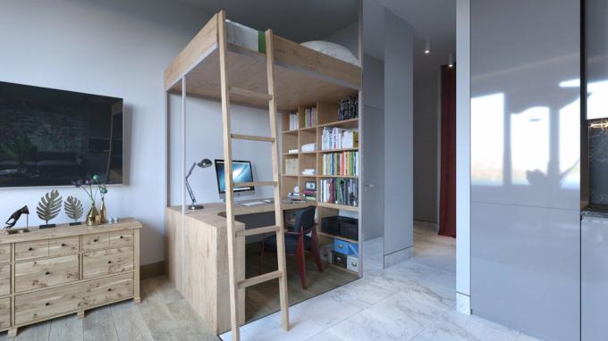 Studio de 28 m² dans un immeuble neuf avec un bureau et une mezzanine de chambre
