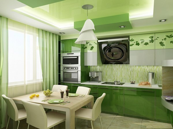 Cuisine dans les tons verts - l'intégrité de l'intérieur complète le choix de la vaisselle et des rideaux