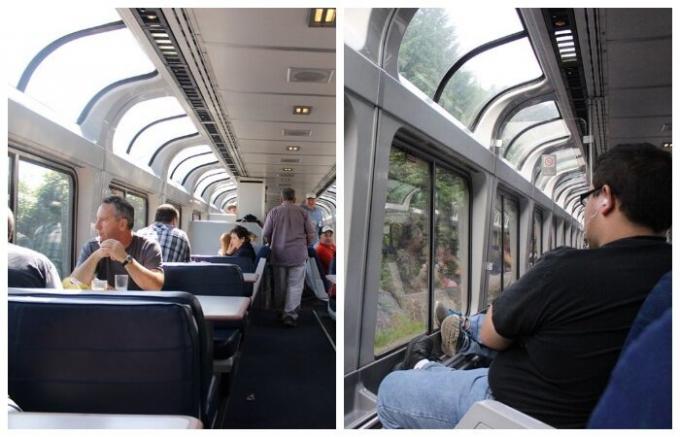 Voiture-restaurant et un train d'excursion spéciale est équipée de fenêtres panoramiques, de sorte que les passagers peuvent profiter du paysage (USA).