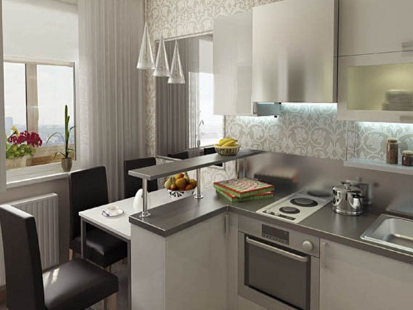 Le design de la cuisine montré sur la photo est un design moderne, et il est clair qu'un tel décor est bon même pour une petite pièce.
