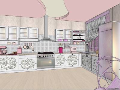Design - projet dans le style shabby - chic: cuisine dans les tons gris-violet.