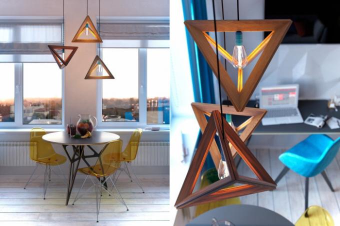 Géométrie dans tout: dans les accessoires en bois, ainsi que dans la conception des pieds de table et des chaises.