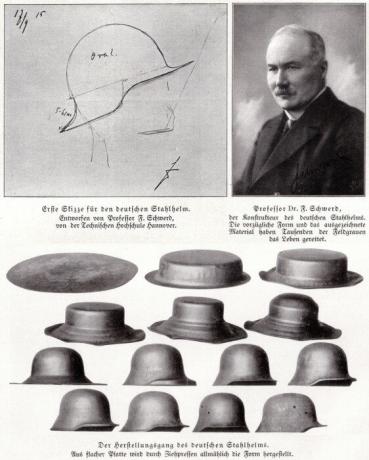 Le processus de formation du casque et l'auteur des idées Stahlhelm M16 Dr. Friedrich Shverd.